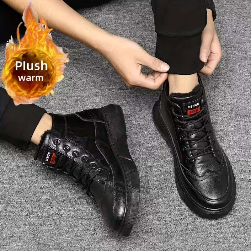 Mens UK Leather Warm Ankle Boots Plush Lined Winter Casual Waterproof Snow Shoes