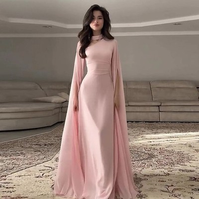 Evening Dress Pink Chiffon Mermaid High Neck Pleats Long Sleeves Prom Gown