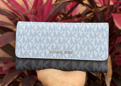 Michael Kors Jet Set Travel Large Trifold Wallet MK Color-Block Pale Ocean Multi