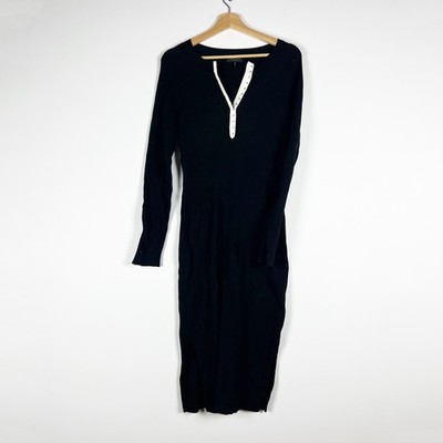 Rag & Bone Brynn Cotton Ribbed Knit Stretch V Neck Pullover Sweater Dress Black