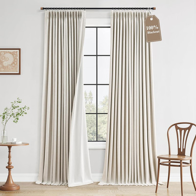 100% Blackout Linen Pinch Pleated Curtains 96'' Long, 2 Panels Set