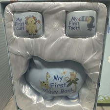 Baby Boy My First Keepsake Set Piggy Bank First Tooth First Curl 3 pc Set New