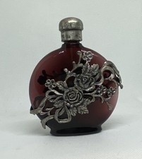 Vtg French Rose Perfume Bottle Parfum Flacon w Pewter Stopper Screw On Lid Roses