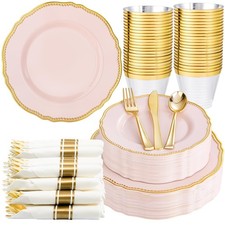 175pcs Pink and Gold Plastic Plates - Pink Plastic Dinnerware Set Includes 25...