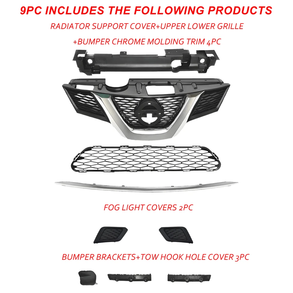 9 piezas para Rogue 2014-2016 rejilla superior malla inferior moldura cromada luces antiniebla Foto 2 de 4