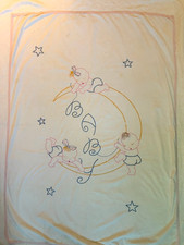 Vintage Baby Crib Quilt Cover Embroidered BABY Moon Stars Pink White 41"x66"
