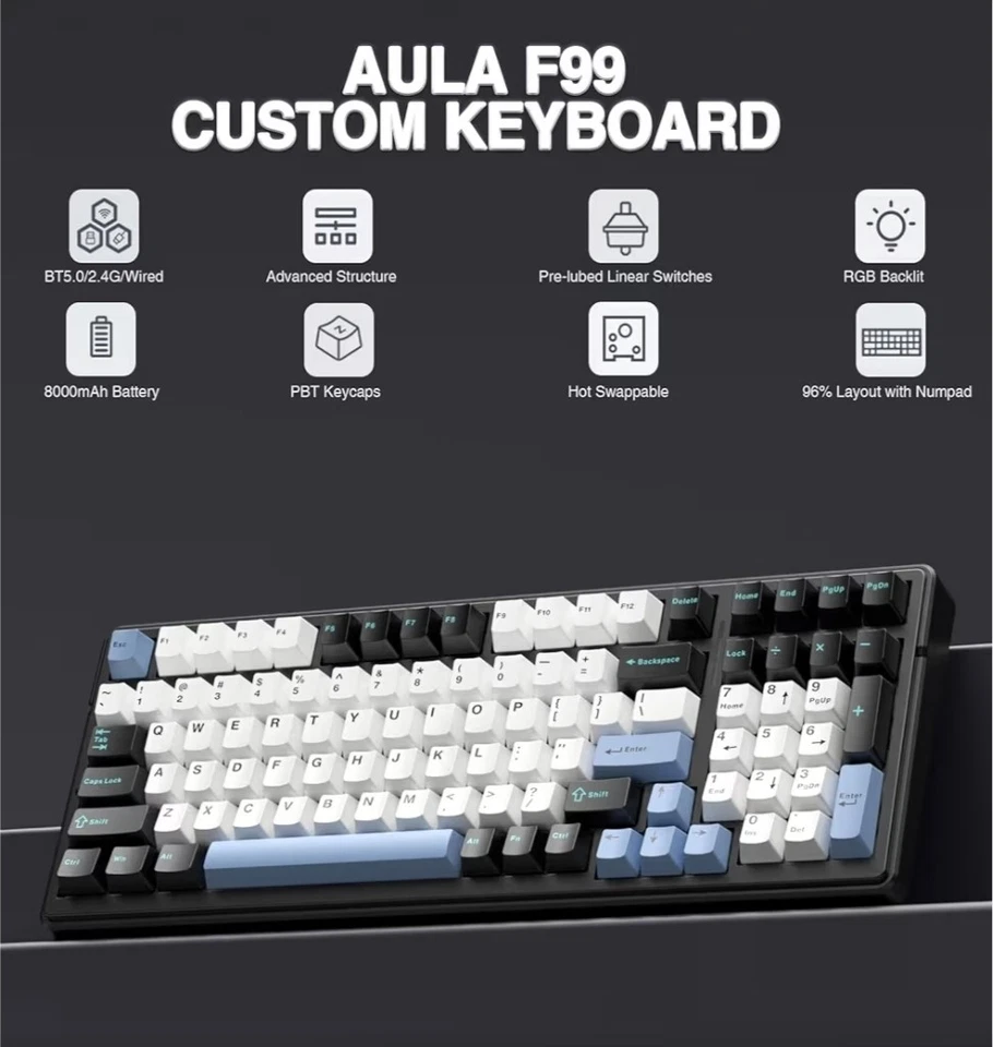 AULA F99 Wireless Mechanical Keyboard,Tri-Mode BT5.0/2.4GHz/USB-C Black&Blue&Whi - Image 2 of 4