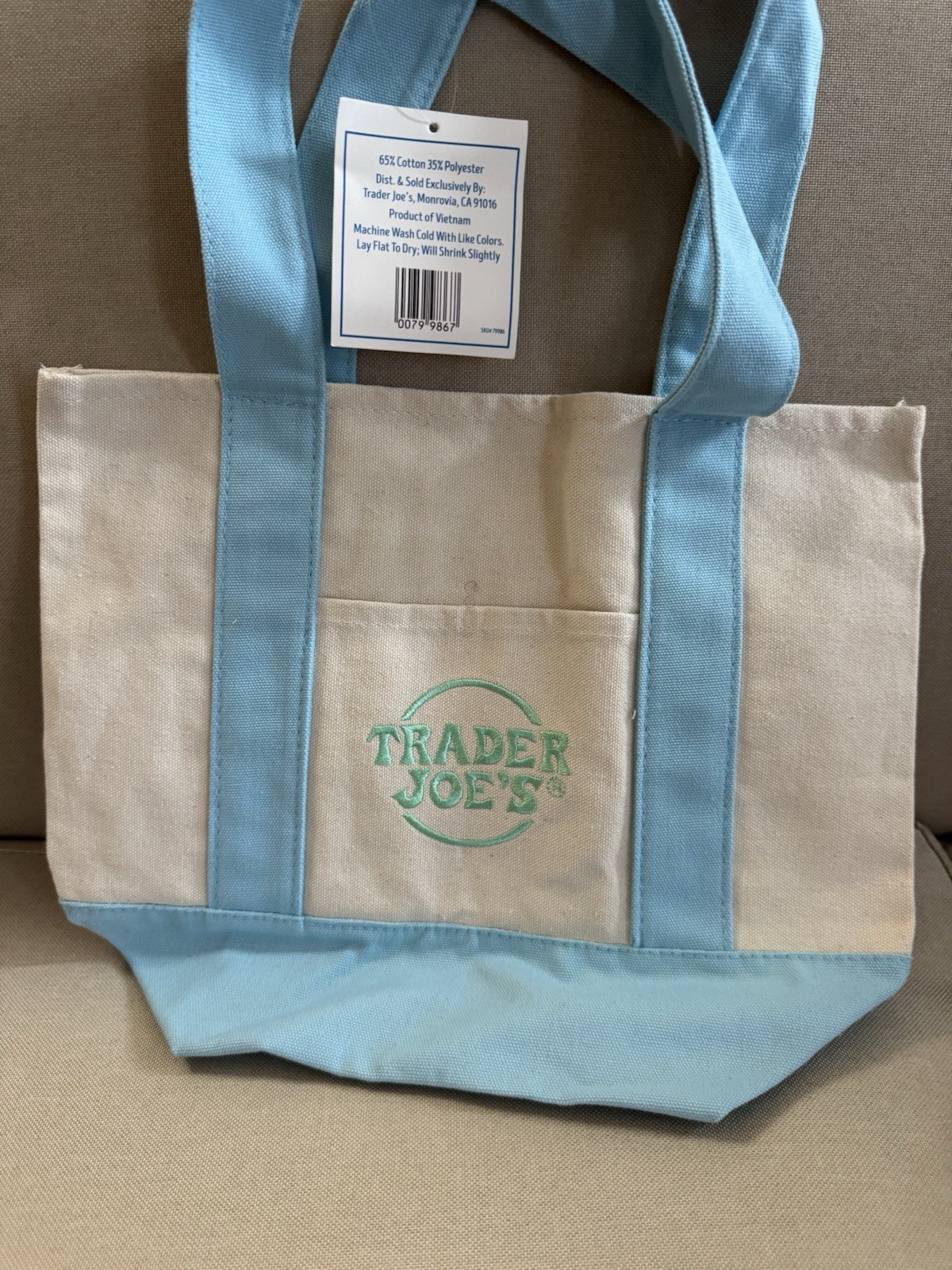 New Trader Joe's Mini Canvas Tote Bag Pastel Blue - Limited Edition