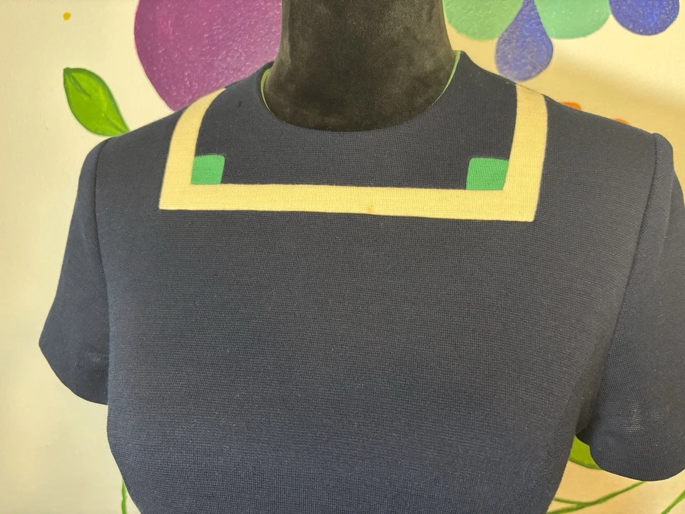 vintage 1960’s navy white & green dress enamel waist jewels Square Neck - Image 2 of 4