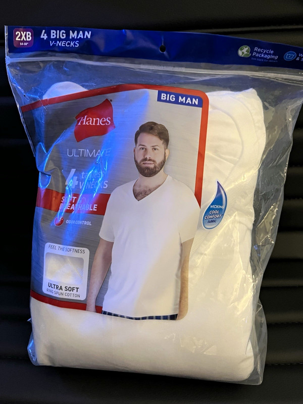 Hanes Ultimate Tagless Breathable Cotton Jersey V-Neck Undershirts White 4pk 2XB