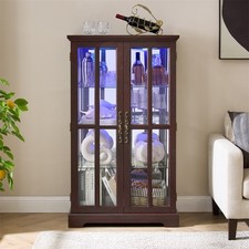Double Lattice Door Glass Tall Cabinet 3 Adjustable Shelves LED Display Cabinet