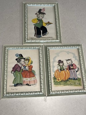 Vtg 50s K Townsend Nursery Rhymes Cat Prints Framed Set Anthropomorphic Wall Art