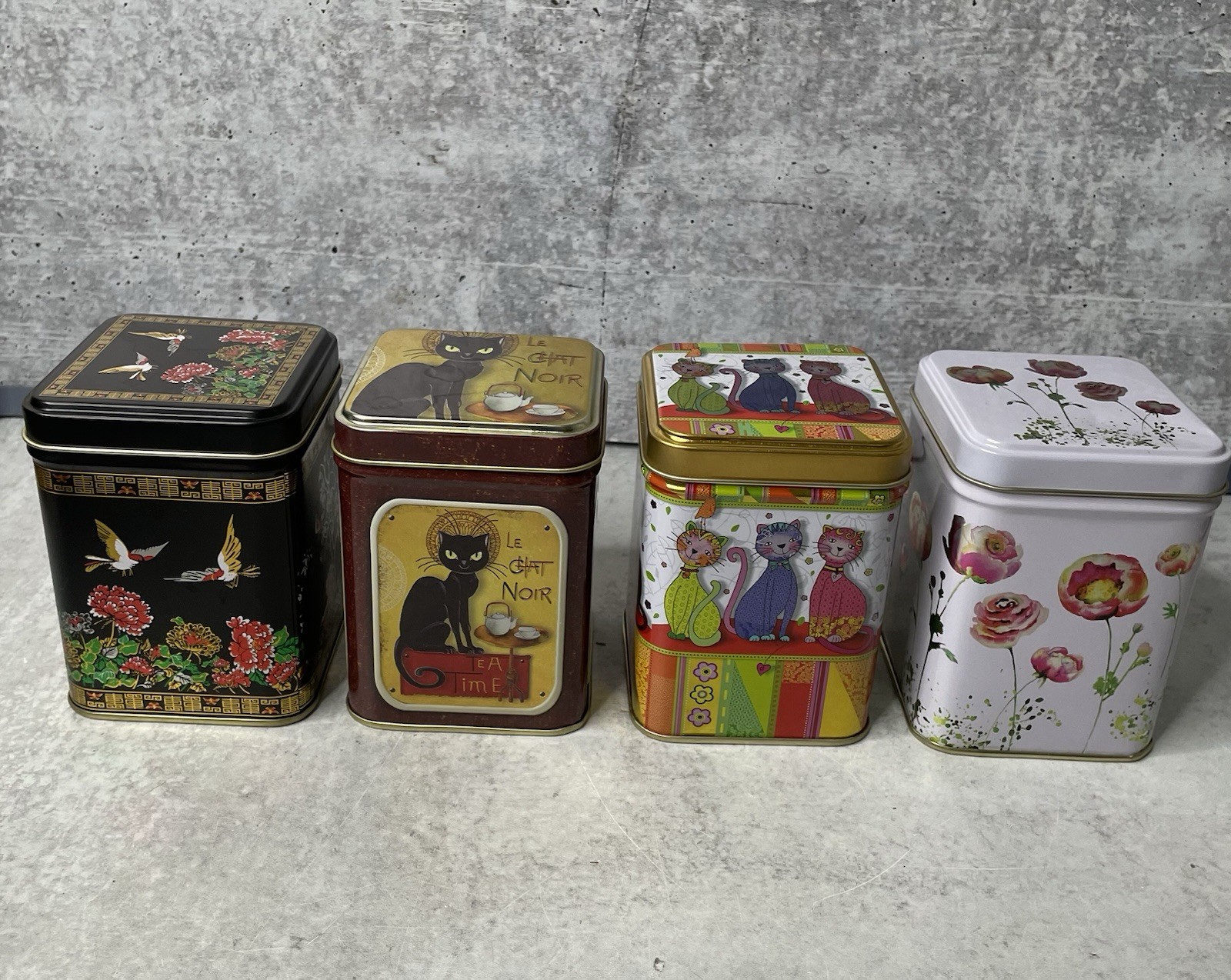 Lot/4 Decorative Cats Birds & Floral Rectangle Tin Herb Tea Box Approx. 3”x4”