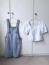 H&M White Top & Mango Light Washed Denim Dungaree Dress XS