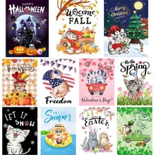 Welcome Cat Seasonal Garden Flags Set of 11 Double Sided 12 x 18 Inch Yard Fl...