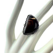 Handmade 925 Sterling Silver Plate Agate Brown Statement Boho Ring - Size 9.5