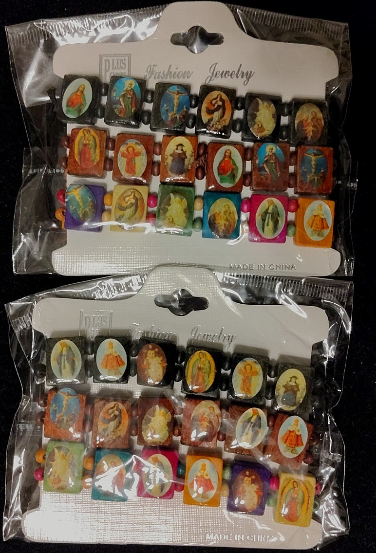 LOT OF 6 NEW SAINT BEADED BRACELET Wood Religious Icon Catholic Stretch Elastic