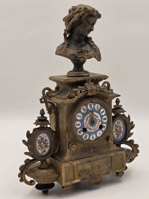 19世紀～ 1800's～ France antique Stall 19th Century Brass & Porcelain Mantel Clock w Eight Day Movement