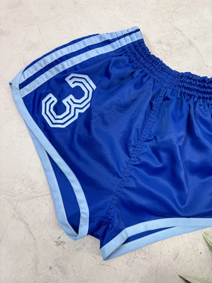 Retro 70s Adidas Football Running Gym Shorts Player Issue #3 Light Blue Stripes - Image 2 of 4
