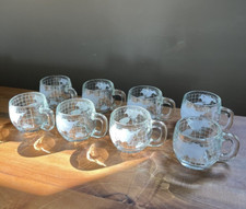 Eight Vintage 70s Nestle Clear & Etched Glass World Map Coffee Tea Mugs MINT