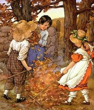 Handmade Set of TWO 5x5 Vintage Raking Leaves Children's Garden Fabric Blocks