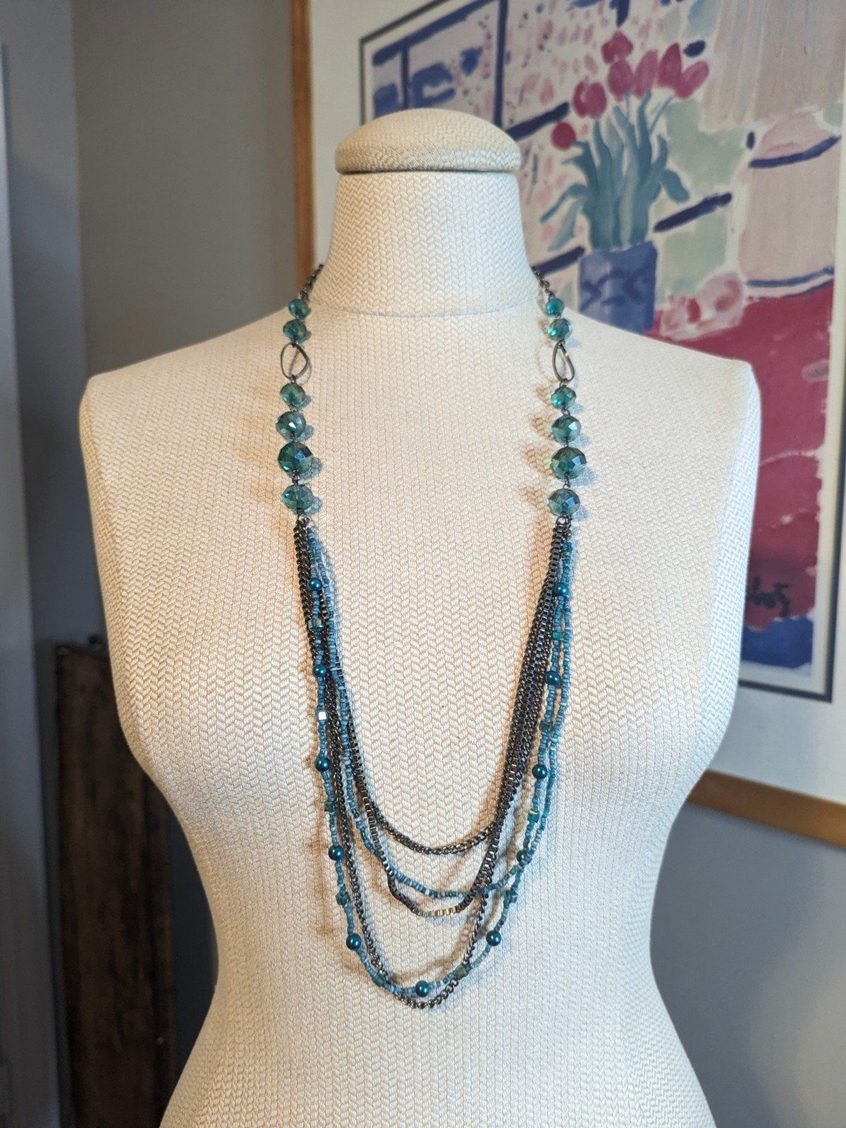 Multilayer Silver Chains & Turquoise Color Beaded… - image 1