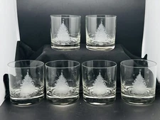 Lord & Taylor Low Ball Bar Glasses Set Of 6 Christmas Tree Etched Glass Holiday