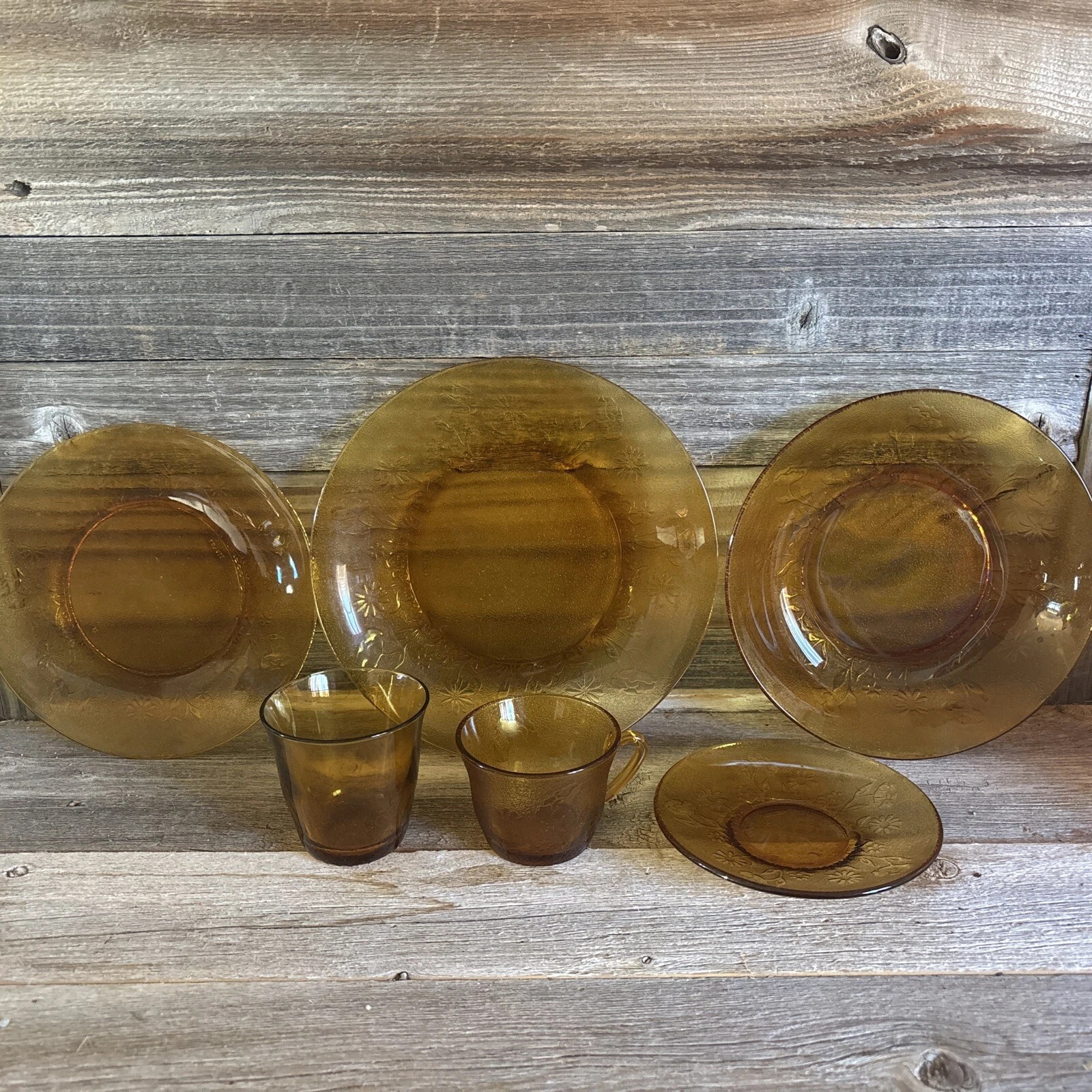Vintage Amber Gold Honey Glass Duralex Vereco Floral 6 Piece SET Made In France