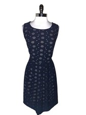 EN FOCUS Plus Size 14W A-Line Dress Blue Eyelet Beige Lining Sleeveless Stretch
