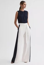 REISS IVY WIDE LEG SIDE STRIPE JUMPSUIT in IVORY/NAVY BLUE