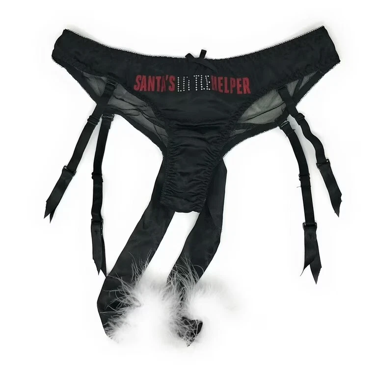 ✨Victoria's Secret Santa's Helper Bikini Panty Garter Belt Black wh Fur LIMITED! - Image 3 of 4