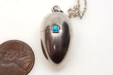 LOVELY ANTIQUE SILVER TURQUOISE EGG SHAPED VINAIGRETTE / POMANDER NECKLACE