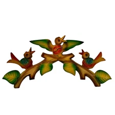Vintage German Black Forest Cuckoo Clock Trim Carved Color Birds Topper 5x13"
