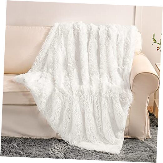 White Faux Fur Throw Bed Blanket,2 Layers,50" x 60", Soft Fuzzy Fluffy