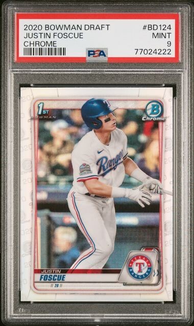 🔥2020 Bowman Draft Chrome Refractor #BD-124 Justin Foscue Texas Rangers PSA 9🔥