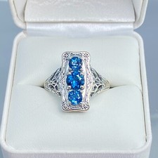 NATURAL London Blue Topaz Sterling Silver Edwardian Trinity Ring Custom D60