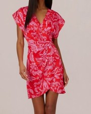 Adrianna Papell Women's Red Floral-Print Lined Faux-Wrap Dress Size: 8