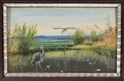Zwei Reiher am Teich, Öl Altmeister Tiere 1900-1924 Malerei Unbekannt (20.Jhd) - Bild 1 von 4