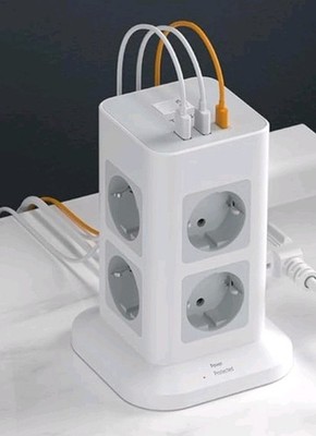 8 Fach Steckdosenturm USB C Mehrfachsteckdose Tower 2M Schwarz Grau für Zuhause