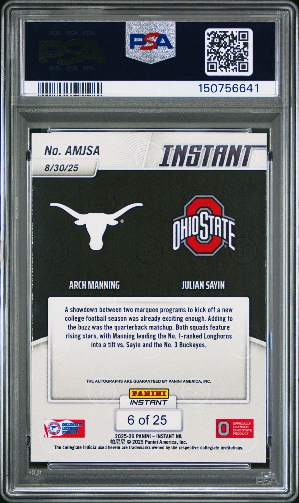 2025 PANINI INSTANT COLLEGE FOOTBALL ARCH MANNING/JULIAN SAYIN 6/25 AUTO PSA 9 view 2