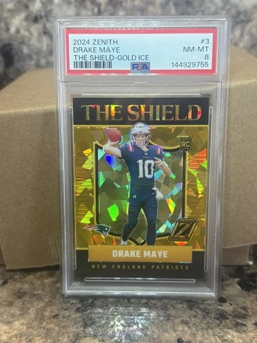 Drake Maye 2024 Panini Zenith Rookie The Shield Gold Ice SSP Case Hit PSA 8 POP1