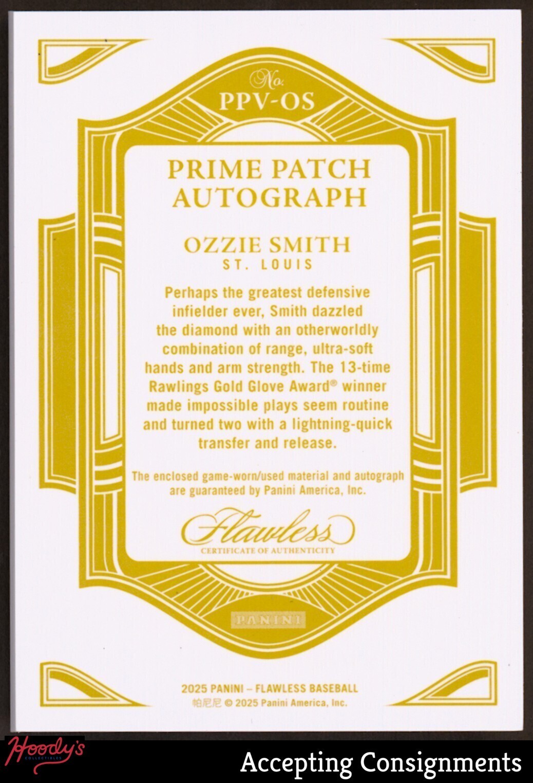 2025 Flawless Vertical Prime Sapphire #6 Ozzie Smith GAME-USED PATCH AUTO 06/15 view 2