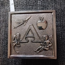 Baby silver plated money bank letter block design with decorative detail