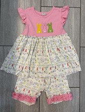 Boutique Girls Easter Bunny Pink Tunic Top  Ruffle Shorts Outfit Set Size 7-8