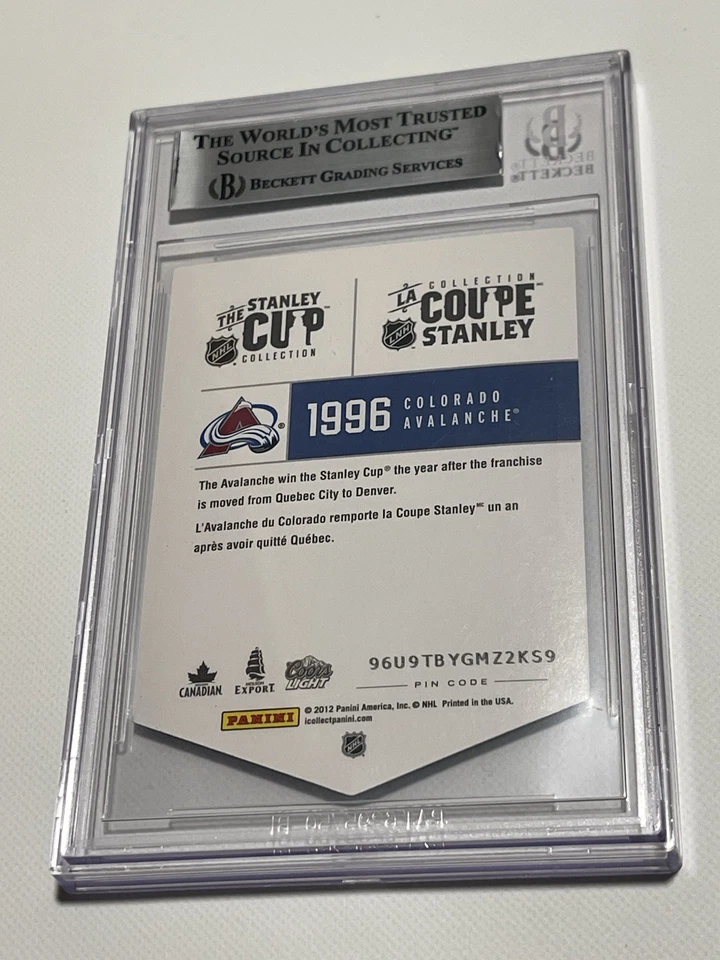 Tarjeta de Copa Avalanche Stanley 1996 firmada por Mike Ricci IP losa Beckett Auto IP a Foto 2 de 3