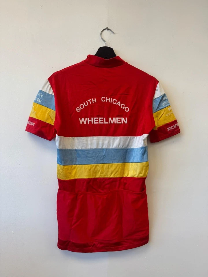 Vintage Schwinn Cycling Shirt Jersey Mens Small Red South Chicago Wheelmen 80s - Image 3 of 4