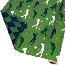 LaRibbons Golf Reversible Wrapping Paper Mini Roll, Green Golf and Plaid Design,