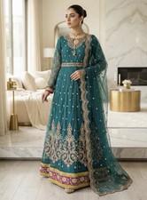 Teal Anarkali Net Suit - Embroidered 3 Piece Indian/Pakistani with Dupatta