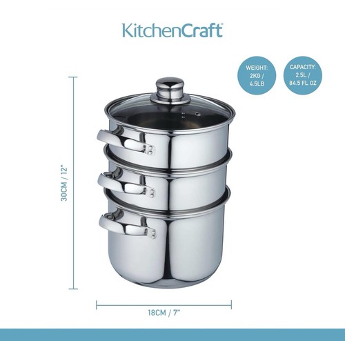 KitchenCraft Stainless Steel Three Tier 18cm Steamer Pan/ Stockport Induction - Picture 4 of 7