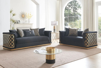 NEW 2PC Black Gold Sofa Loveseat Luxury Velvet Contemporary Glam Living Room Set